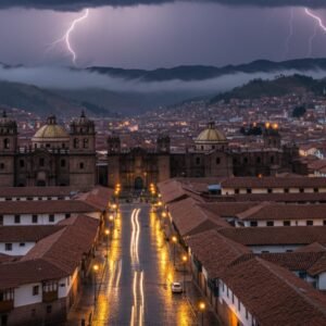 Cusco city tour panoramic view at night with historic streets and landmarks